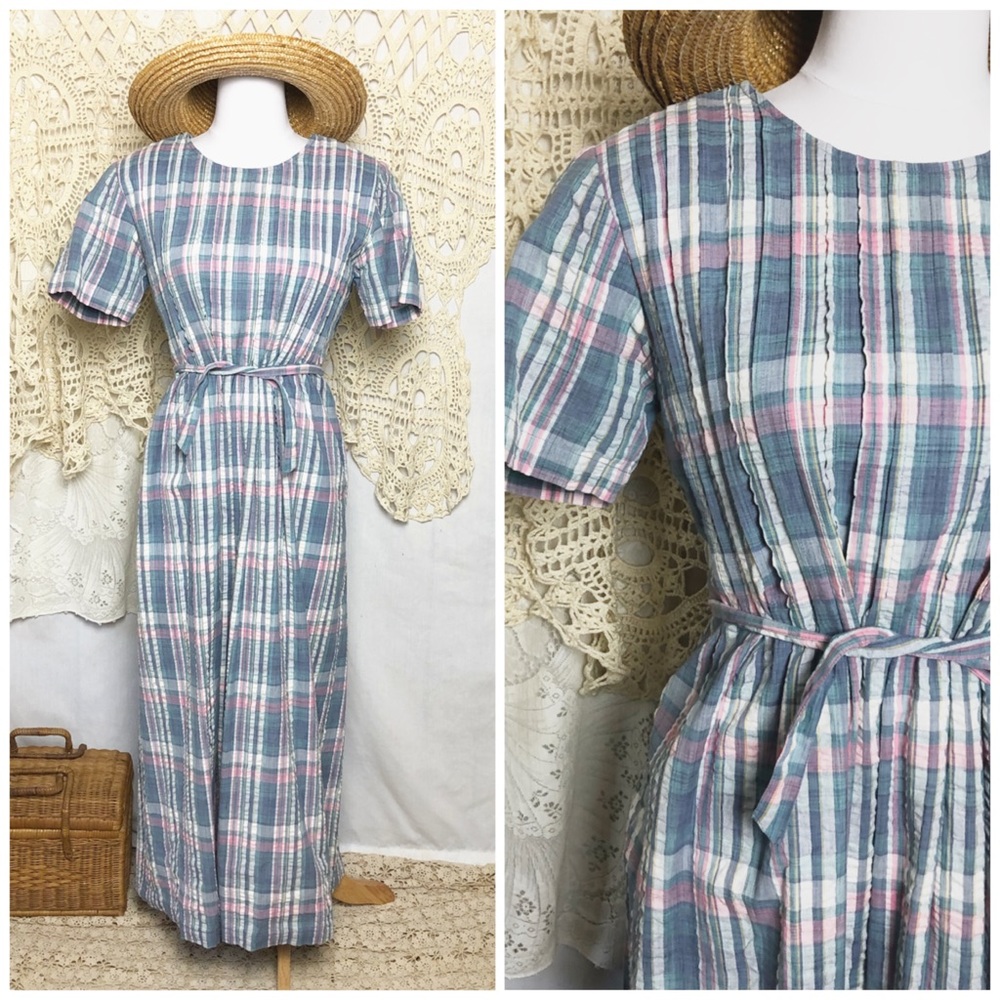 VNTG | plaid pastel midi dress